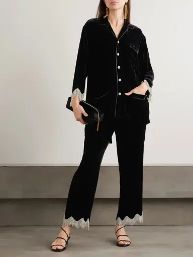 Olivia von Halle Fifi Fringed Crystal-embellished Velvet Pajama Set | Thumbnail 2