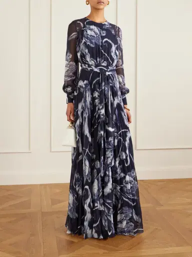 Erdem Belted Pleated Printed Chiffon Gown | Thumbnail 2