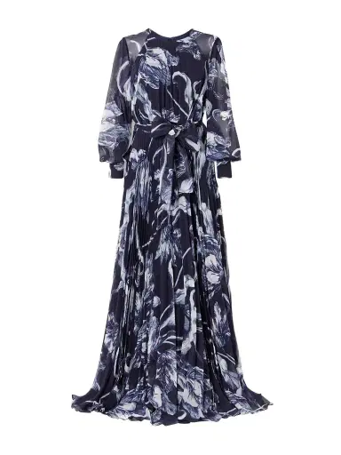 Erdem Belted Pleated Printed Chiffon Gown | Thumbnail 1