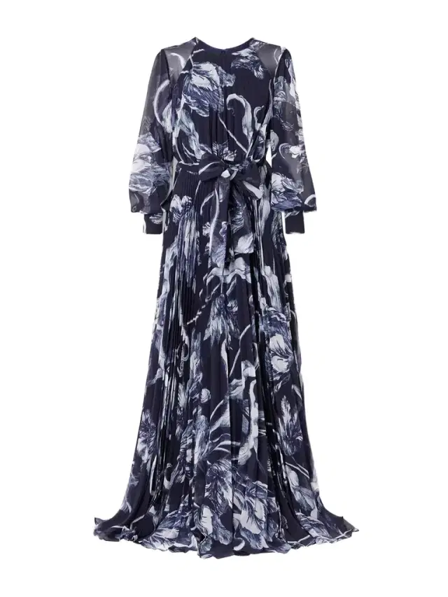 Belted Pleated Printed Chiffon Gown