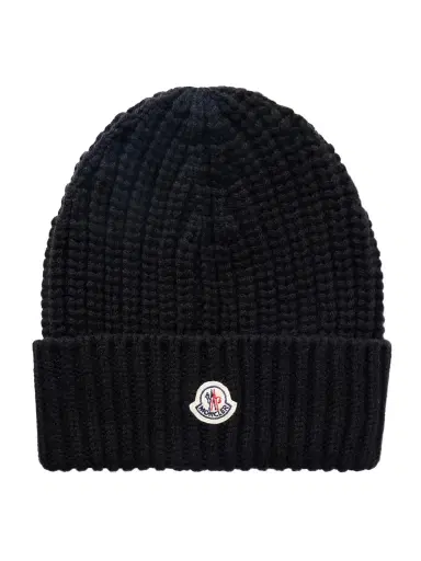Moncler Appliquéd Ribbed Wool And Cashmere-blend Beanie | Thumbnail 1 Moncler Appliquéd Ribbed Wool And Cashmere-blend Beanie | Thumbnail 1
