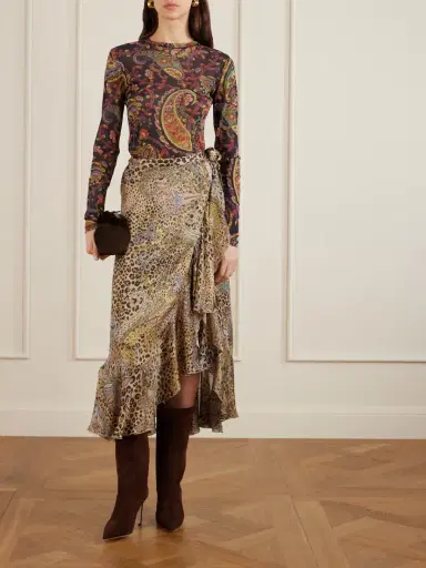 Etro Ruffled Leopard And Paisley-print Silk-satin Midi Wrap Skirt | Thumbnail 2
