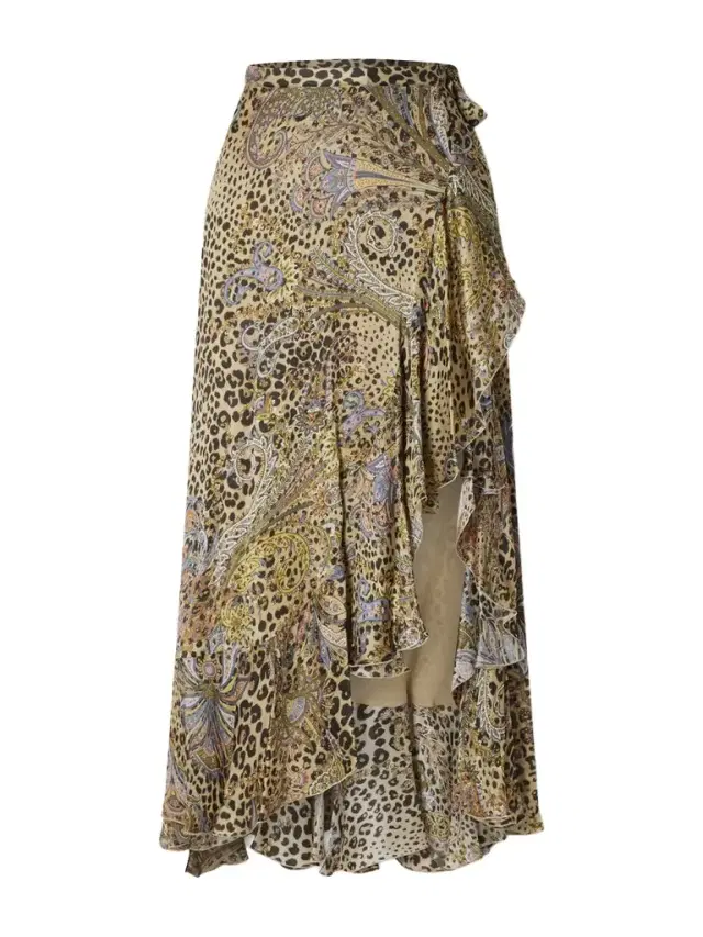 Ruffled Leopard And Paisley-print Silk-satin Midi Wrap Skirt