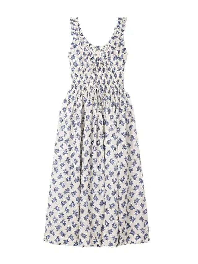 Emmaretta Shirred Floral-print Organic Cotton-voile Midi Dress