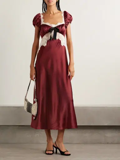 DÔEN Veda Bow-detailed Corded Lace-trimmed Silk-charmeuse Midi Dress | Thumbnail 2 DÔEN Veda Bow-detailed Corded Lace-trimmed Silk-charmeuse Midi Dress | Thumbnail 2