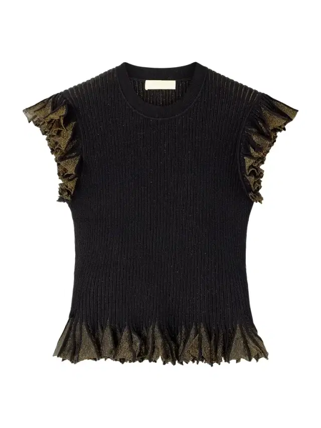Leila Ruffled Ribbed Metallic-knit Top