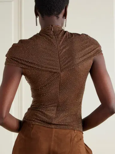 Self-Portrait Gathered Cutout Crystal-embellished Mesh Top | Thumbnail 3
