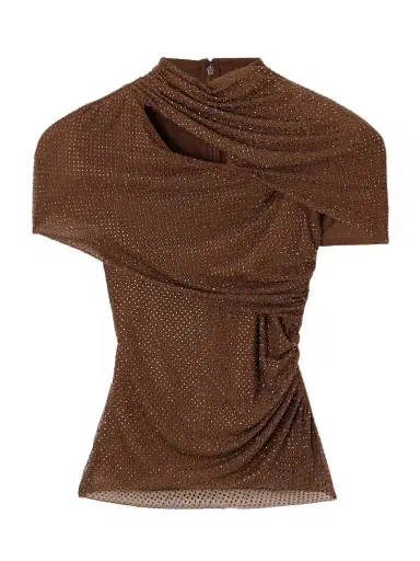 Self-Portrait Gathered Cutout Crystal-embellished Mesh Top | Thumbnail 1