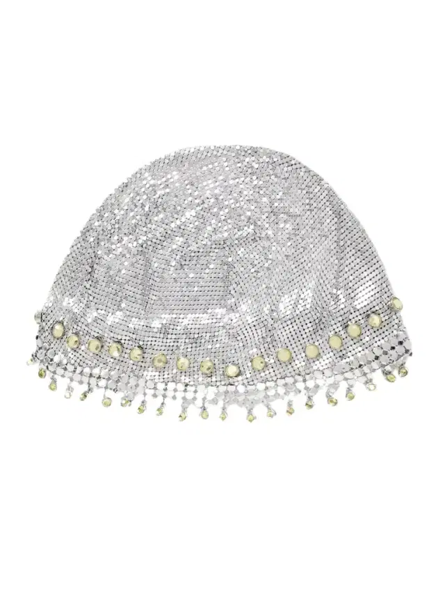 Fringed Crystal-embellished Silver-tone Chainmail Hat