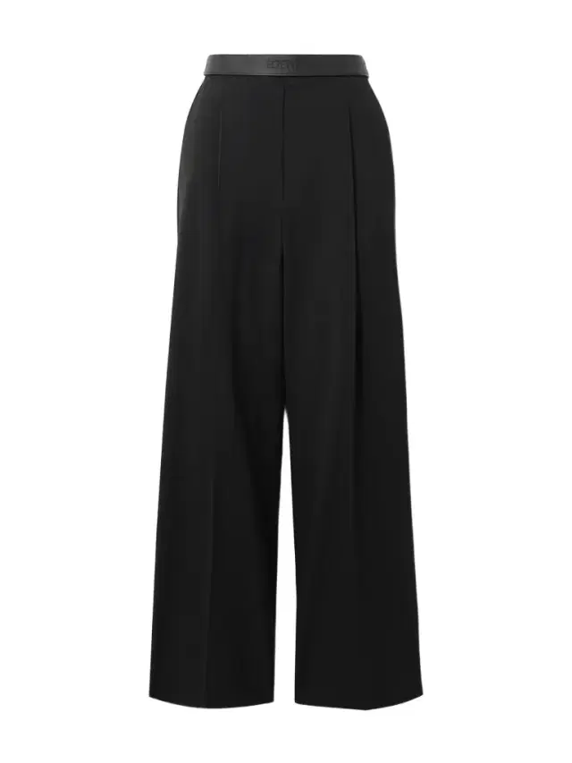 Leather-trimmed Pleated Grain De Poudre Wool Straight-leg Pants