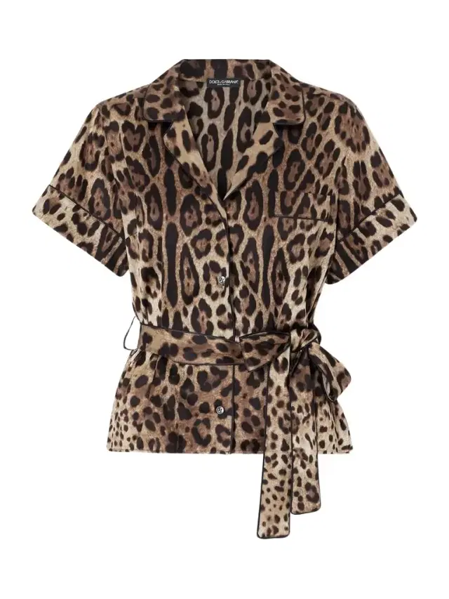 Dolce & Gabbana Belted Piped Leopard Print Silk-blend Satin Shirt