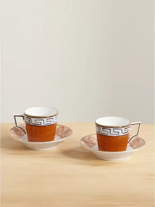 + Luke Edward Hall Il Viaggio Di Nettuno Set Of Two Gold-plated Porcelain Coffee Cups And Saucers