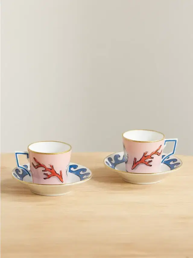 + Luke Edward Hall Il Viaggio Di Nettuno Set Of Two Gold-plated Porcelain Coffee Cups And Saucers