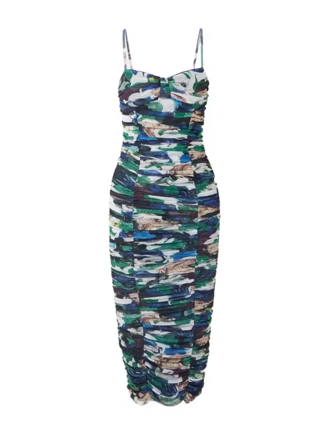 Ruched Printed Stretch-tulle Midi Dress