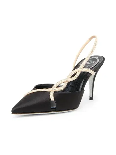 René Caovilla Women's 80MM Satin Slingback Pumps - Black Satin Golden Strass | Thumbnail 2 René Caovilla Women's 80MM Satin Slingback Pumps - Black Satin Golden Strass | Thumbnail 2