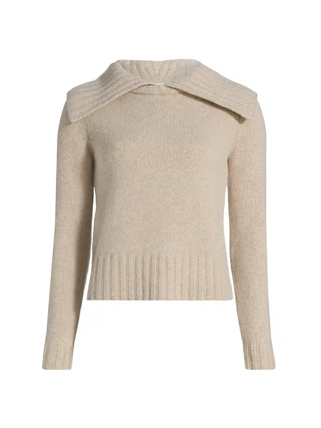 Women's Wide Ribbed-llared Cashmere Sweater - Beige Melange