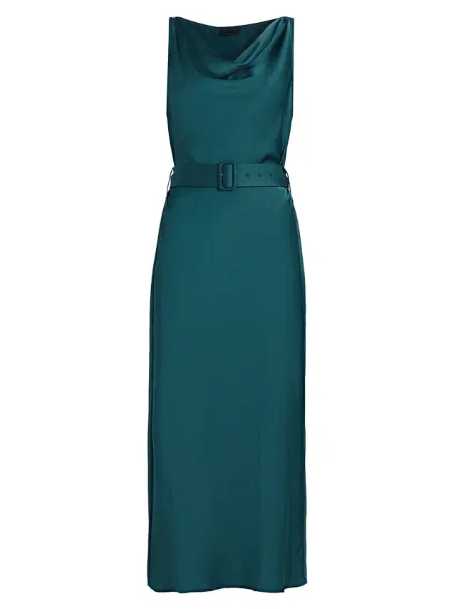 LaPointe Women's Satin Cowlneck Belted Midi-Dress - Dark Teal