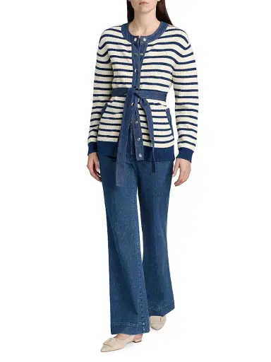 TANYA TAYLOR Women's Delia Denim-Trim Stripe Stretch Cotton Cardigan | Thumbnail 2