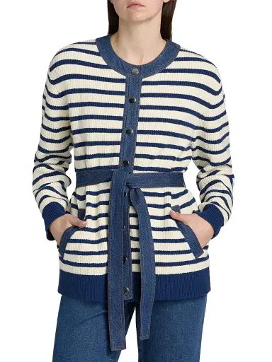 TANYA TAYLOR Women's Delia Denim-Trim Stripe Stretch Cotton Cardigan | Thumbnail 3