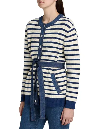 TANYA TAYLOR Women's Delia Denim-Trim Stripe Stretch Cotton Cardigan | Thumbnail 4
