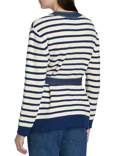 TANYA TAYLOR Women's Delia Denim-Trim Stripe Stretch Cotton Cardigan | Thumbnail 5