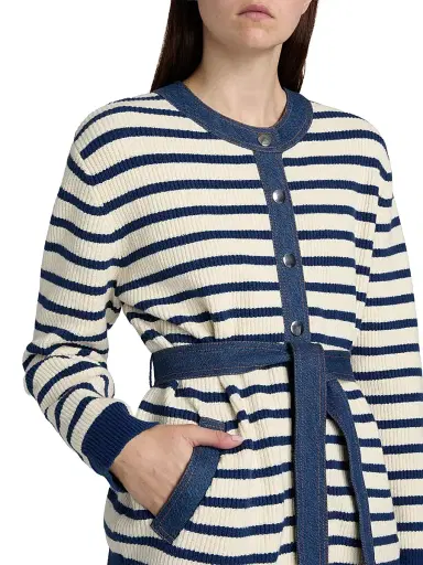 TANYA TAYLOR Women's Delia Denim-Trim Stripe Stretch Cotton Cardigan | Thumbnail 6