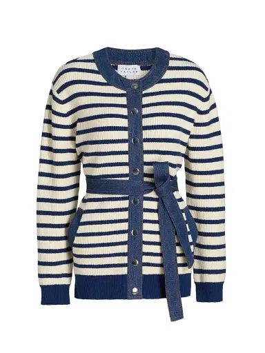 TANYA TAYLOR Women's Delia Denim-Trim Stripe Stretch Cotton Cardigan | Thumbnail 1