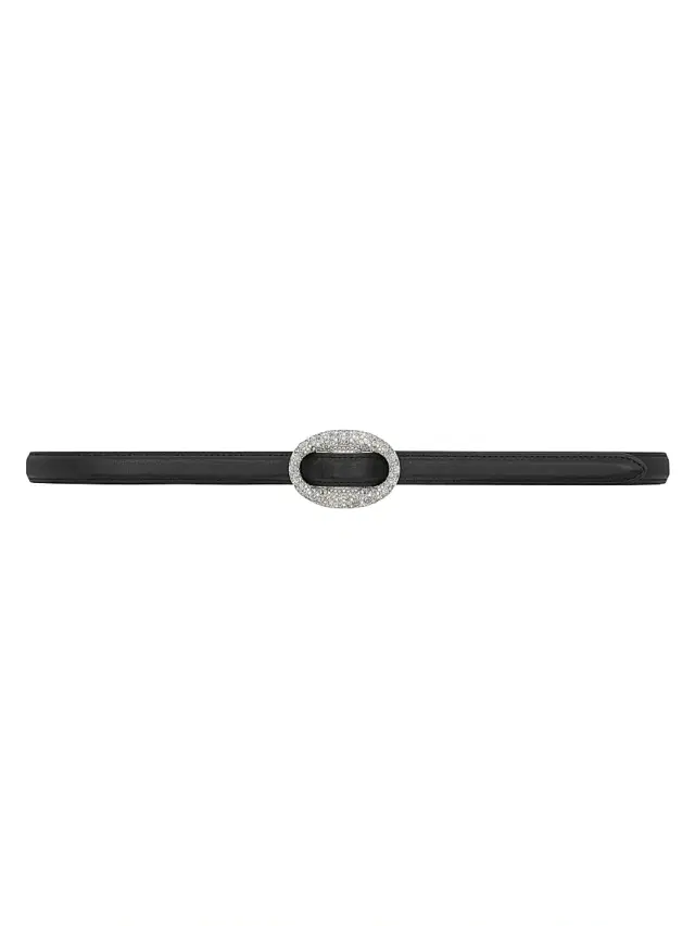 Saint Laurent Women's Oval Crystal Buckle Thin Belt in Smooth Leather - Black Cristal