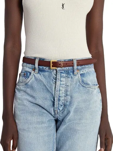 Saint Laurent Women's Cassandre Thin Belt in Aged Leather - Dark Wet Clay | Thumbnail 2 Saint Laurent Women's Cassandre Thin Belt in Aged Leather - Dark Wet Clay | Thumbnail 2