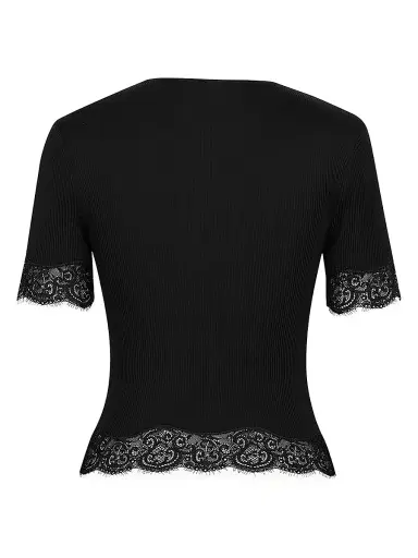 Saint Laurent Women's Laced T-Shirt in Ribbed Silk Jersey - Noir - Size Large | Thumbnail 2