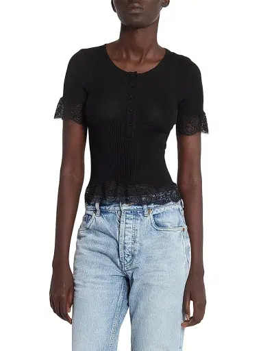 Saint Laurent Women's Laced T-Shirt in Ribbed Silk Jersey - Noir - Size Large | Thumbnail 3