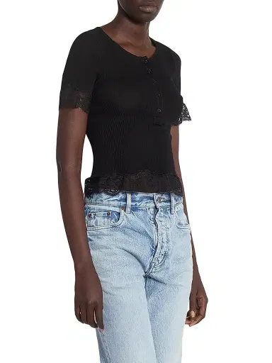 Saint Laurent Women's Laced T-Shirt in Ribbed Silk Jersey - Noir - Size Large | Thumbnail 4