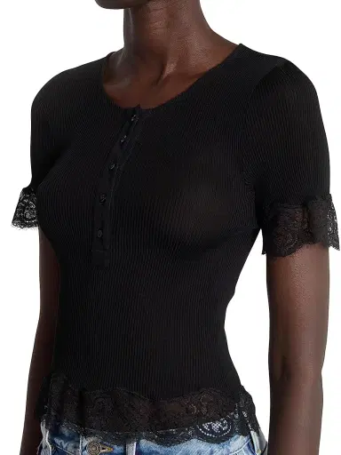 Saint Laurent Women's Laced T-Shirt in Ribbed Silk Jersey - Noir - Size Large | Thumbnail 5