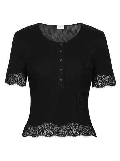 Saint Laurent Women's Laced T-Shirt in Ribbed Silk Jersey - Noir - Size Large | Thumbnail 1