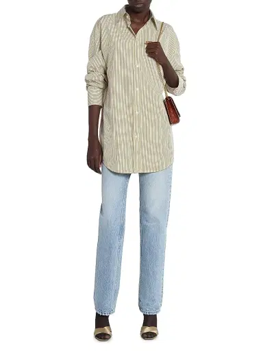 Saint Laurent Women's Cassandre Shirt in Striped Cotton Poplin - Khaki | Thumbnail 2 Saint Laurent Women's Cassandre Shirt in Striped Cotton Poplin - Khaki | Thumbnail 2