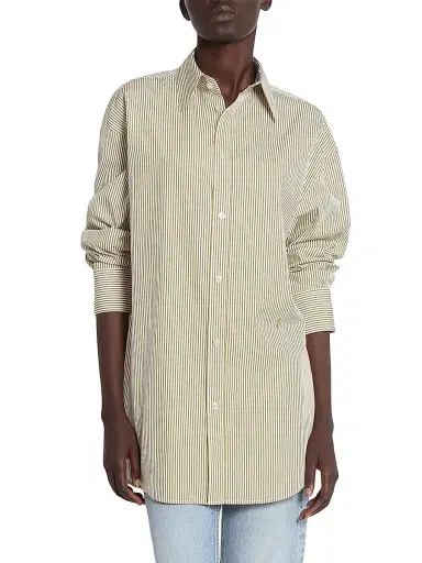 Saint Laurent Women's Cassandre Shirt in Striped Cotton Poplin - Khaki | Thumbnail 4 Saint Laurent Women's Cassandre Shirt in Striped Cotton Poplin - Khaki | Thumbnail 4