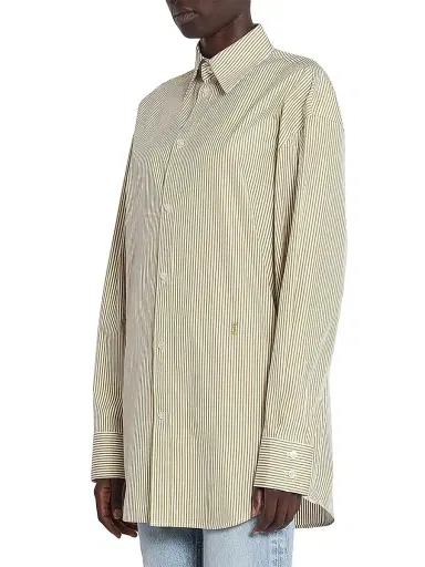 Saint Laurent Women's Cassandre Shirt in Striped Cotton Poplin - Khaki | Thumbnail 5 Saint Laurent Women's Cassandre Shirt in Striped Cotton Poplin - Khaki | Thumbnail 5