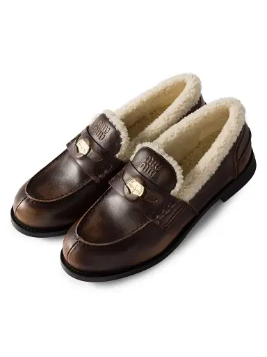 Miu Miu Women's Bleached Leather and Shearling Penny Loafers - Brown | Thumbnail 2