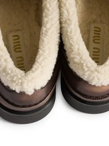 Miu Miu Women's Bleached Leather and Shearling Penny Loafers - Brown | Thumbnail 3