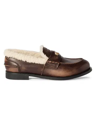 Miu Miu Women's Bleached Leather and Shearling Penny Loafers - Brown | Thumbnail 1