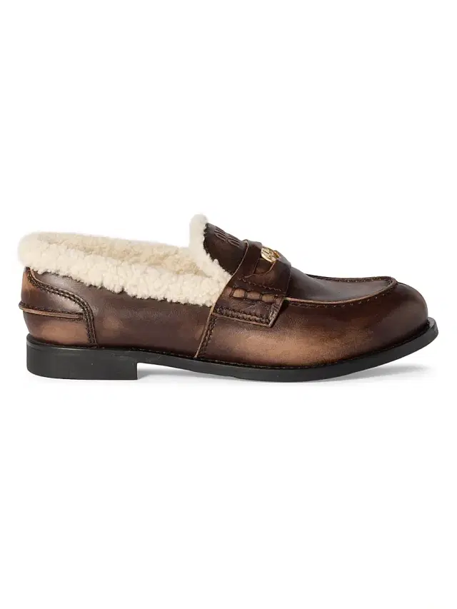 Women's Bleached Leather and Shearling Penny Loafers - Brown