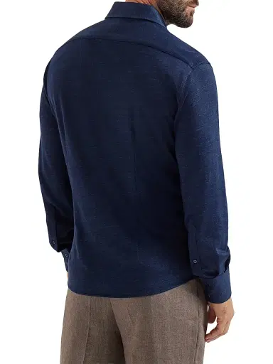 Brunello Cucinelli Men's Linen and Cotton Mélange Jersey Shirt - Navy Blue | Thumbnail 3 Brunello Cucinelli Men's Linen and Cotton Mélange Jersey Shirt - Navy Blue | Thumbnail 3