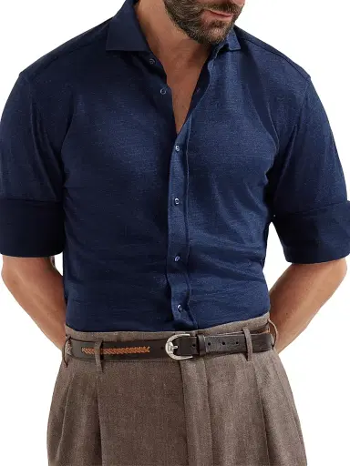 Brunello Cucinelli Men's Linen and Cotton Mélange Jersey Shirt - Navy Blue | Thumbnail 5 Brunello Cucinelli Men's Linen and Cotton Mélange Jersey Shirt - Navy Blue | Thumbnail 5