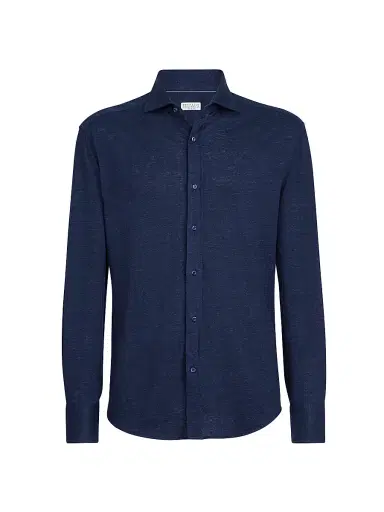 Brunello Cucinelli Men's Linen and Cotton Mélange Jersey Shirt - Navy Blue | Thumbnail 1 Brunello Cucinelli Men's Linen and Cotton Mélange Jersey Shirt - Navy Blue | Thumbnail 1