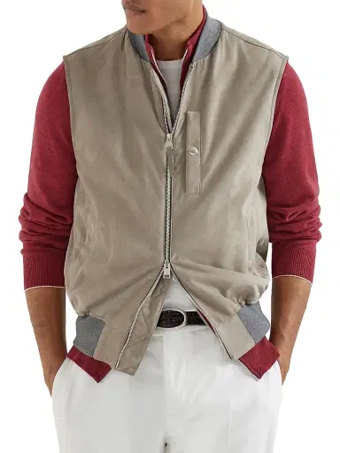 Brunello Cucinelli Men's Suede Vest with Thermore Padding - Khaki | Thumbnail 2 Brunello Cucinelli Men's Suede Vest with Thermore Padding - Khaki | Thumbnail 2