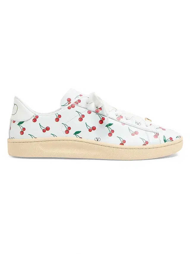 Valentino Garavani Men's Royco Sneakers in Nappa Calfskin with Cherryfic Pattern - White Red