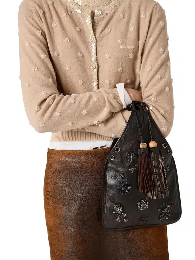 Miu Miu Women's Embroidered Nappa Leather Top Handle Bag - Brown | Thumbnail 3