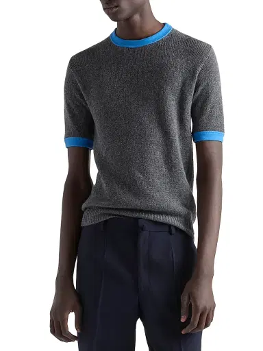 Prada Men's Short-Sleeved Cashmere and Jersey Sweater - Grey | Thumbnail 2