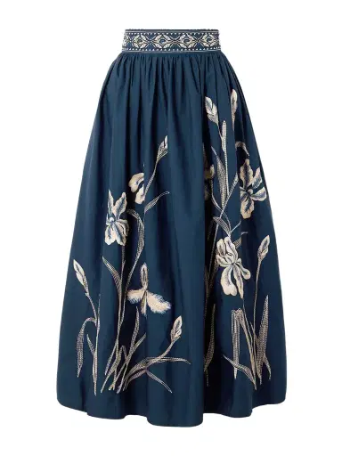 Emporio Sirenuse Ombretta Iris Pleated Embroidered Cotton-blend Poplin Midi Skirt | Thumbnail 1 Emporio Sirenuse Ombretta Iris Pleated Embroidered Cotton-blend Poplin Midi Skirt | Thumbnail 1