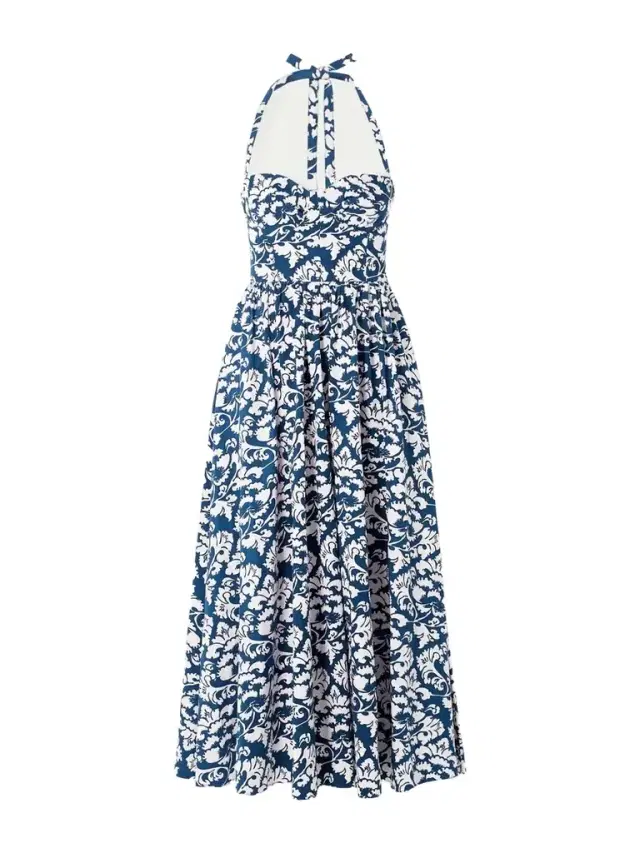 Johanna Lotus Pleated Floral-print Cotton-twill Halterneck Midi Dress